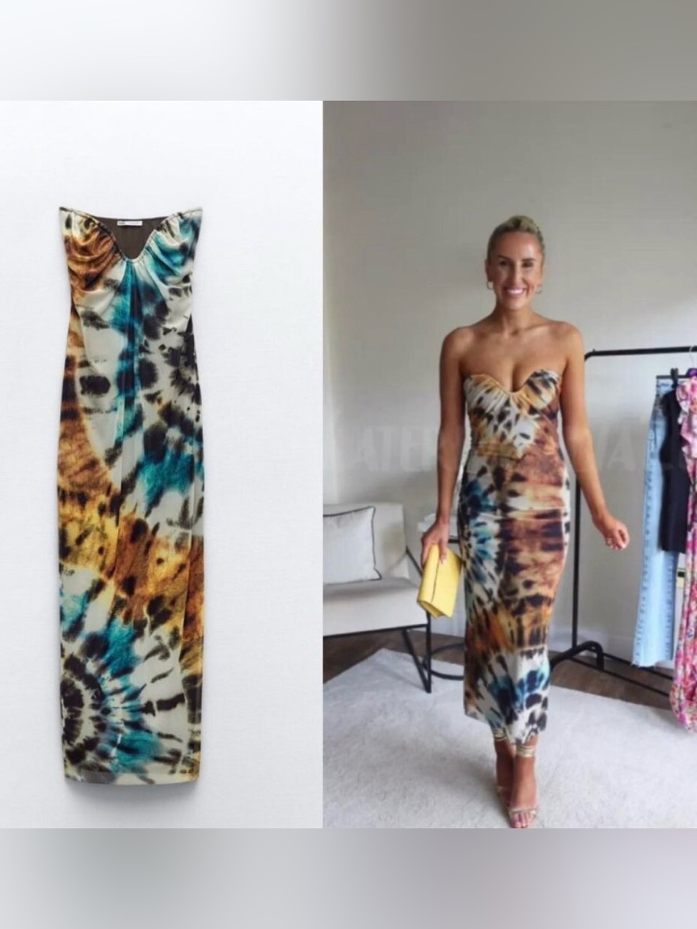 Zara Strapless Tie-Dye Midi Dress in Blue, Brown, Cream, Black